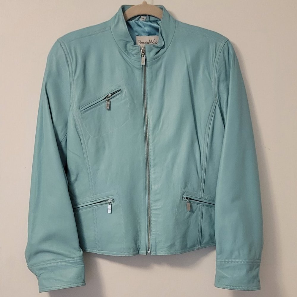 ❣️HP❣️ Pamela McCoy 100% leather aqua full zip satin lined jacket sz: M NWOT - Picture 2 of 12
